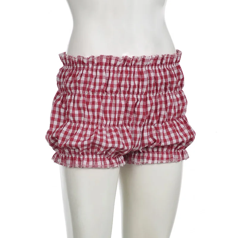 European and American style fresh and sweet plaid contrasting color, elastic and pleated, slimming daily lantern shorts