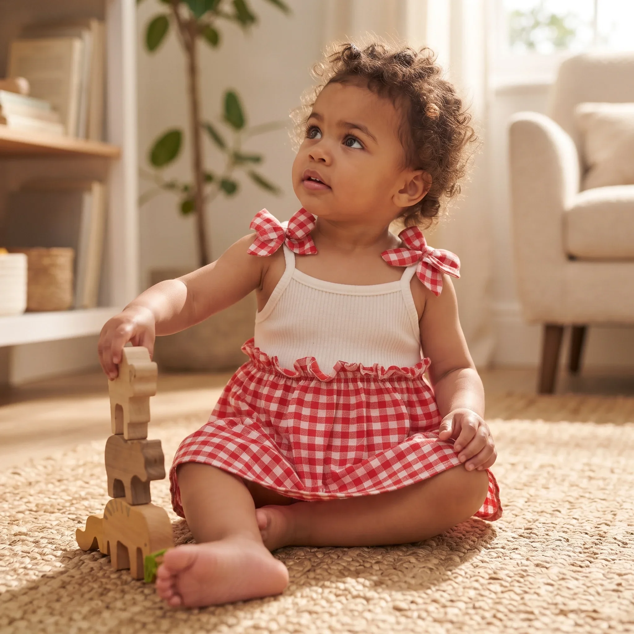 Summer Baby Girls Romper Red Checkered Bow Strap Dress Ruffle Ribbed Bodysuit Sweet Casual Outfit Suitable for 0-18M