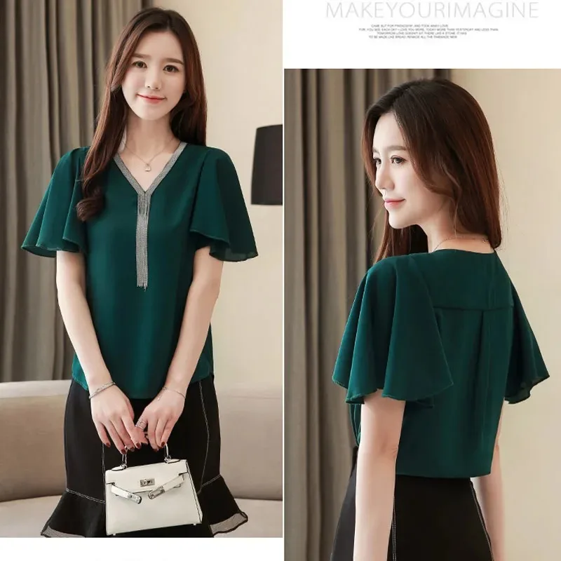 New Summer Women Short Sleeve Shirts Chiffon Women\'s Tops and Blouses Green Woman Clothing V-Neck Lady V Neck Blusas 3897