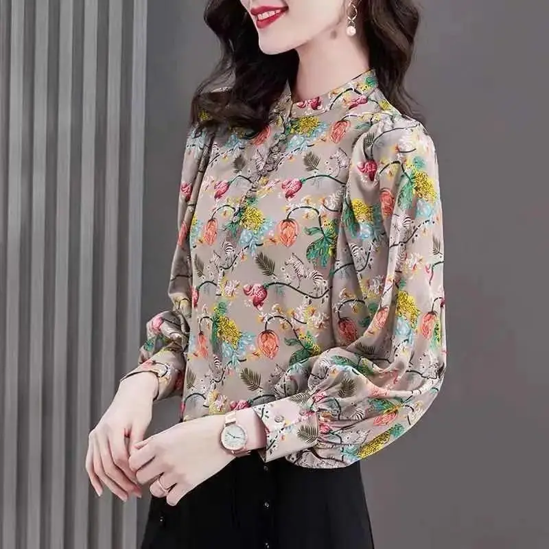 Women Clothes Vintage Floral Print Stand Collar Shirts Spring Autumn Fashion Elegant Blouses Casual Long Sleeve Loose Tops Blusa