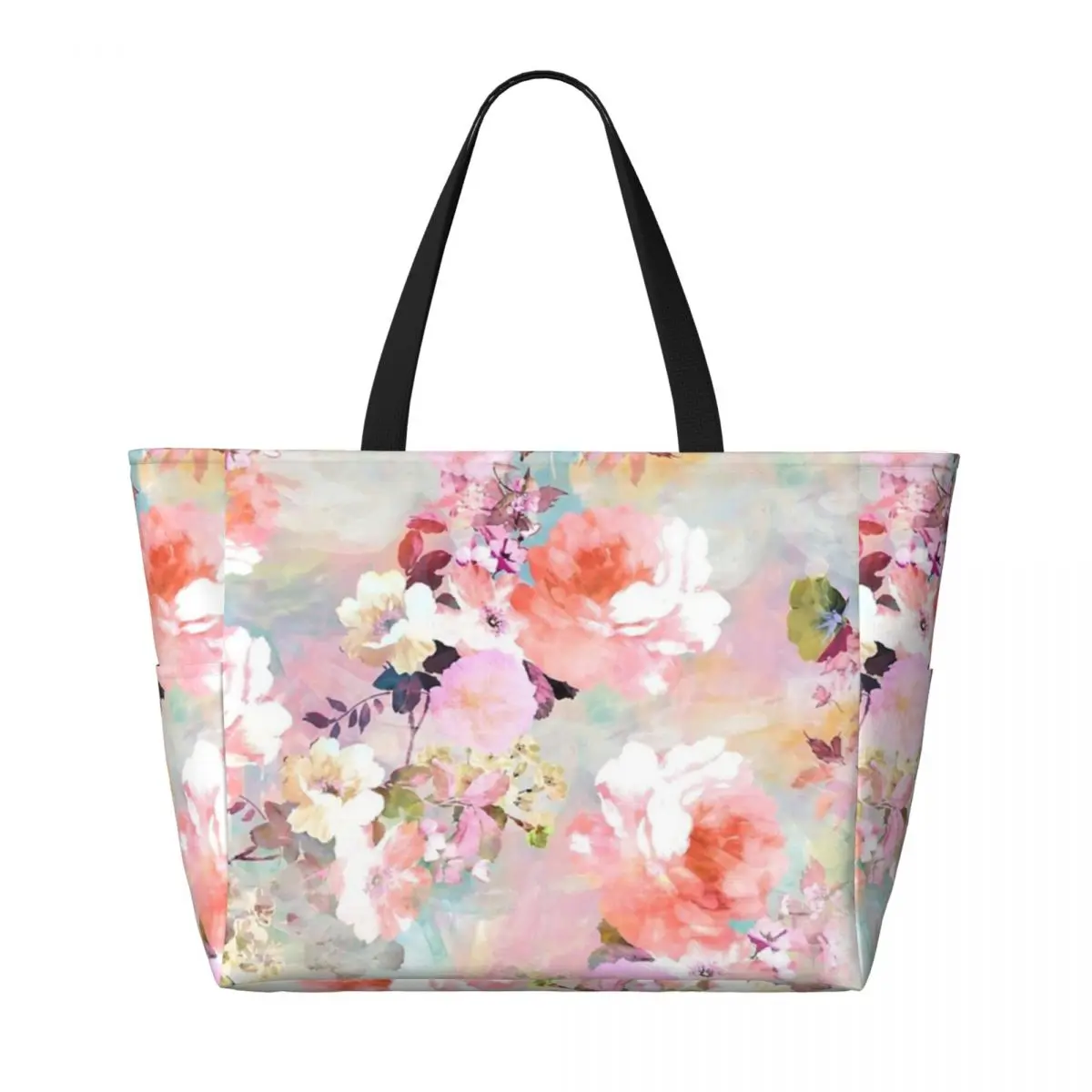 Romantic Pink Teal Watercolor Chic Floral Beach Travel Bag, Tote Bag Popular Large Capacity Travel Birthday Gift Multi-Style