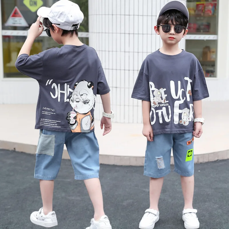 

Children Clothing Boys Sets 2022 Summer Cotton Kids Print T-shirt Top and Shorts 2pc Outfit for Teens 4 To 14 Year Denim Suits