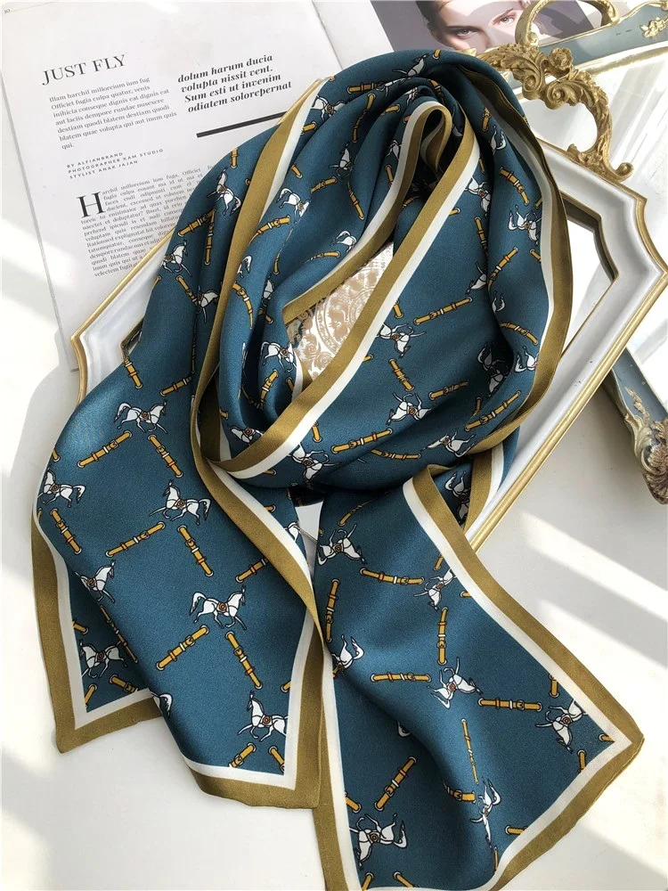 الخيول طباعة 100% الحرير حلقة وشاح Foulard النساء السيدات الساحرة منديل ربطة العنق الشاطئ الشعر قبعة الأوشحة عقال 150*16 سنتيمتر