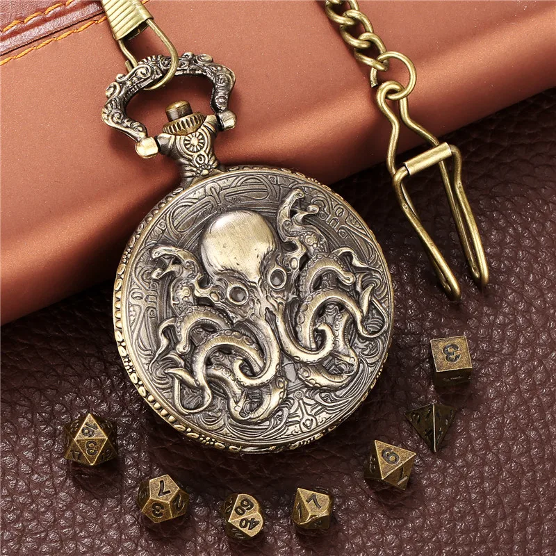 

Bronze 7Pcs/set Mini Metal Polyhedral Dices Retro Octopus Pattern Pocket Watch Case FOB Pendant Chain Table Gaming Accessory