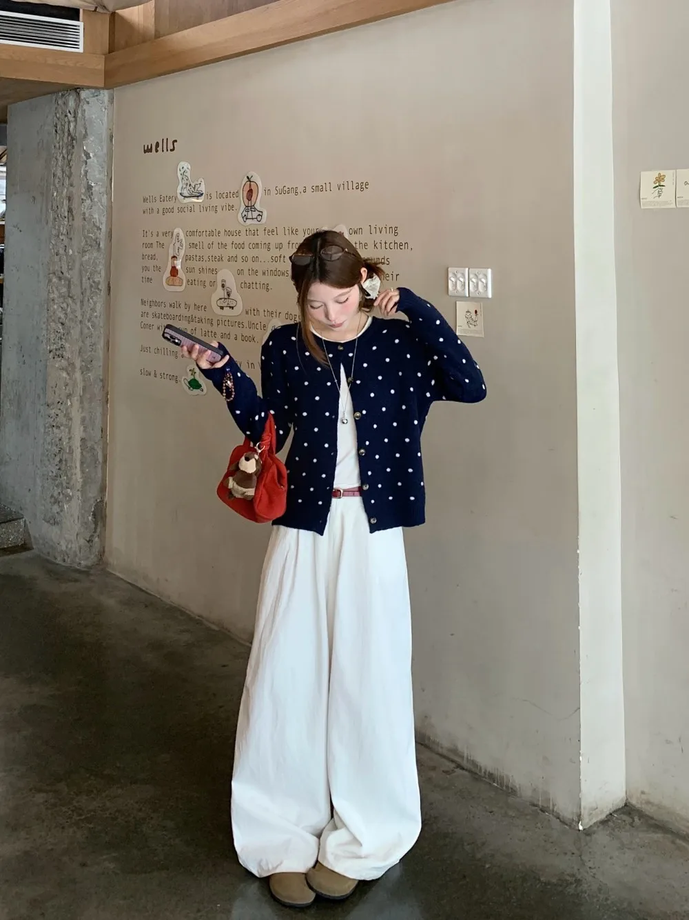 الحلو الكورية Sle فضفاض سترة مشغولة من الصوف المرأة البولكا نقطة جولة Ne مفتوحة الجبهة سترة ort ملابس خارجية الخريف Faion