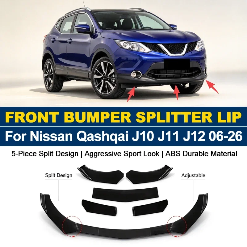 5Pcs ABS Front Bumper Canard Lip Splitter Spoiler Body Kit For Nissan Qashqai J10 J11 J12 2006-2026 Car Styling Tuning Accessory