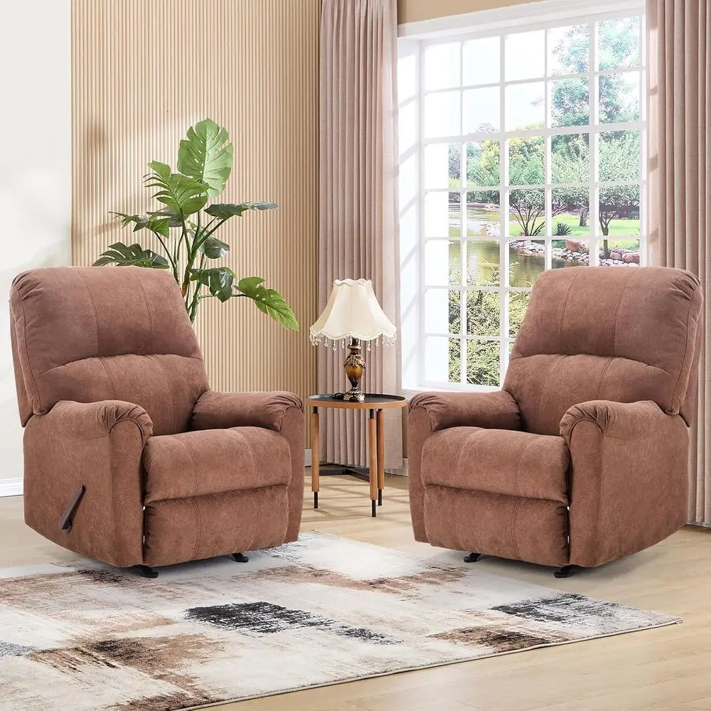 

Комплект из 2-х кресел-реклайнеров для взрослых с плюшевыми спинками и подлокотниками, коричневый, с ручным механизмом качания и откидывания, для гостиной