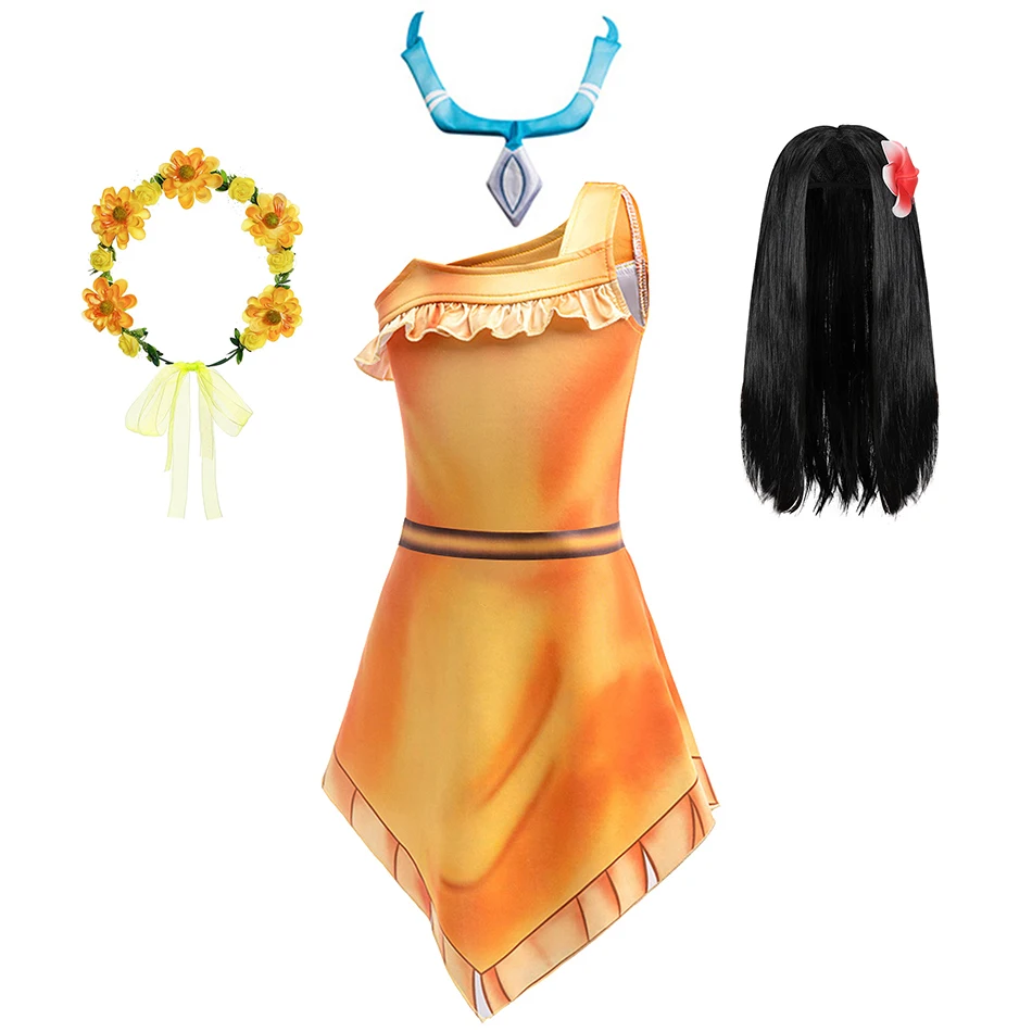 ديزني بوكاهونتاس تأثيري فستان الأميرة الفتيات هالوين كرنفال ملابس الحفلات الاطفال مرحلة الأداء تمويه زي شخصية كرتونية