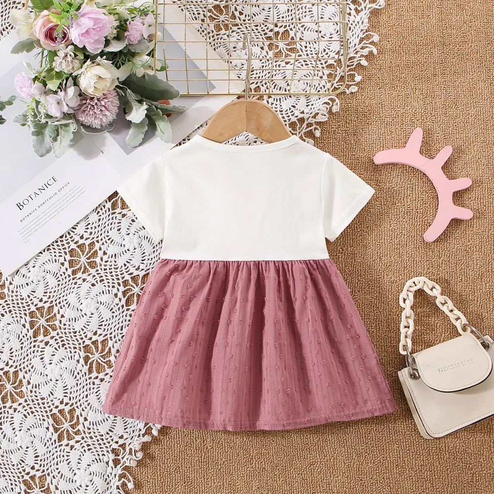 Summer baby girl dress baby girl fake two pieces of pure white short sleeved two small bow strap dress