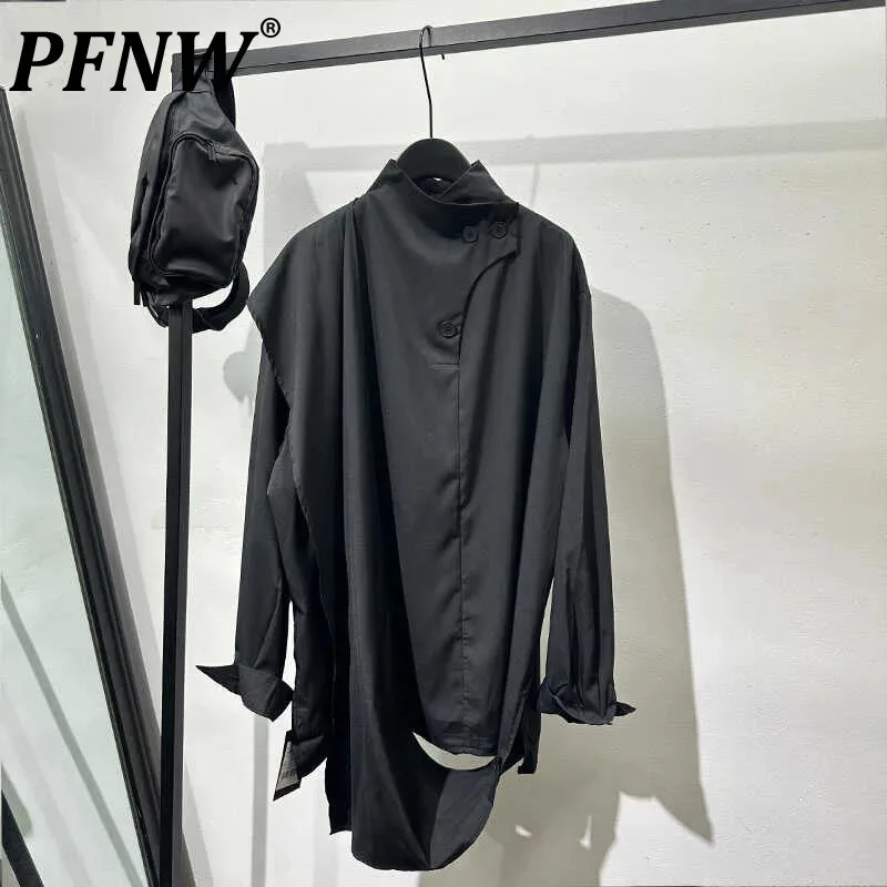 PFNW Dark Style Men's Shirts Irregular Patchwork Slit Loose Tops Stand Collar Long Sleeve Male Clothing Autumn Darkwear 12C1035