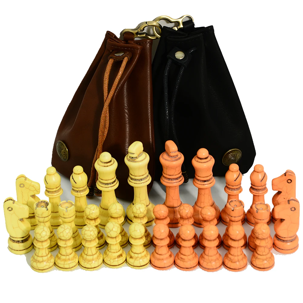 New Chess Set with 32 Yellow Orange Double Tone Turquoise Chess Pieces and Artificial Leather Storage Bag, Board Game Chess Toy