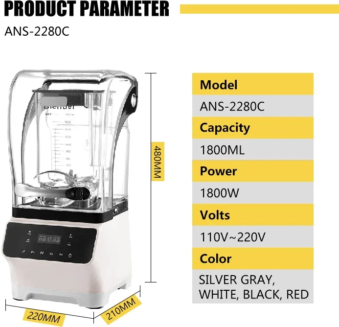 2024 Industrial Heavy Duty 1800W Commercial Quite Blender Ice Smoothie Maker