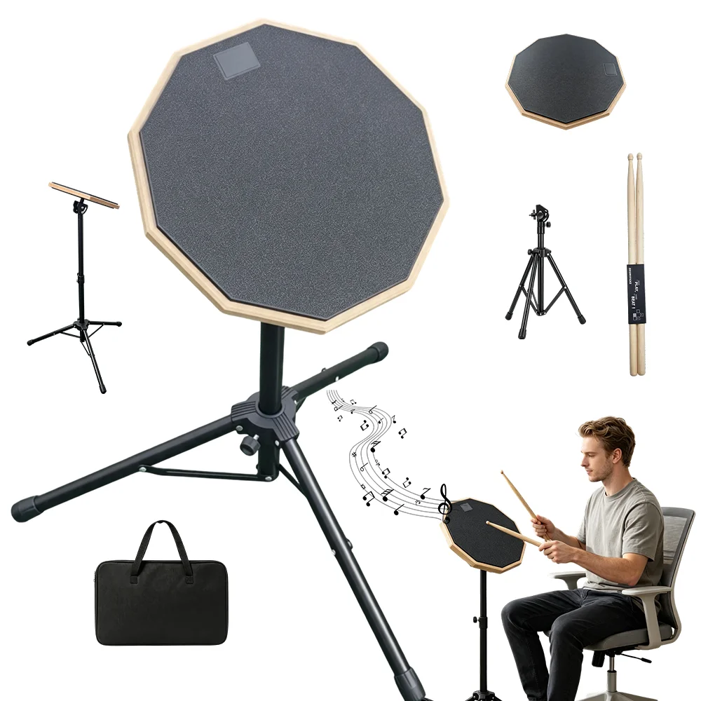 Komplettes 12-Zoll-Doppelseitiges Silent-Drum-Übungspad-Set mit verstellbarem Snare-Drum-Ständer, ausgestattet mit Drumsticks und Tragetasche, geräuschreduziertes schwarzes Percussion-Trainingsset für