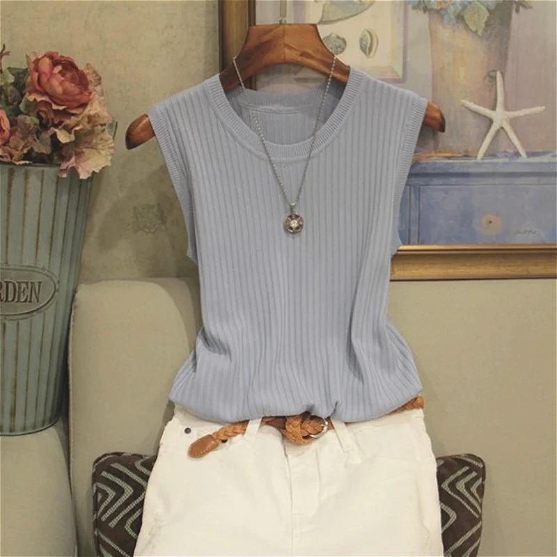 Fashion Woman Blouse 2025 Summer Sleeveless Blouse Women O-neck Knitted Blouse Shirt Women Clothes Womens Tops And Blouses C853