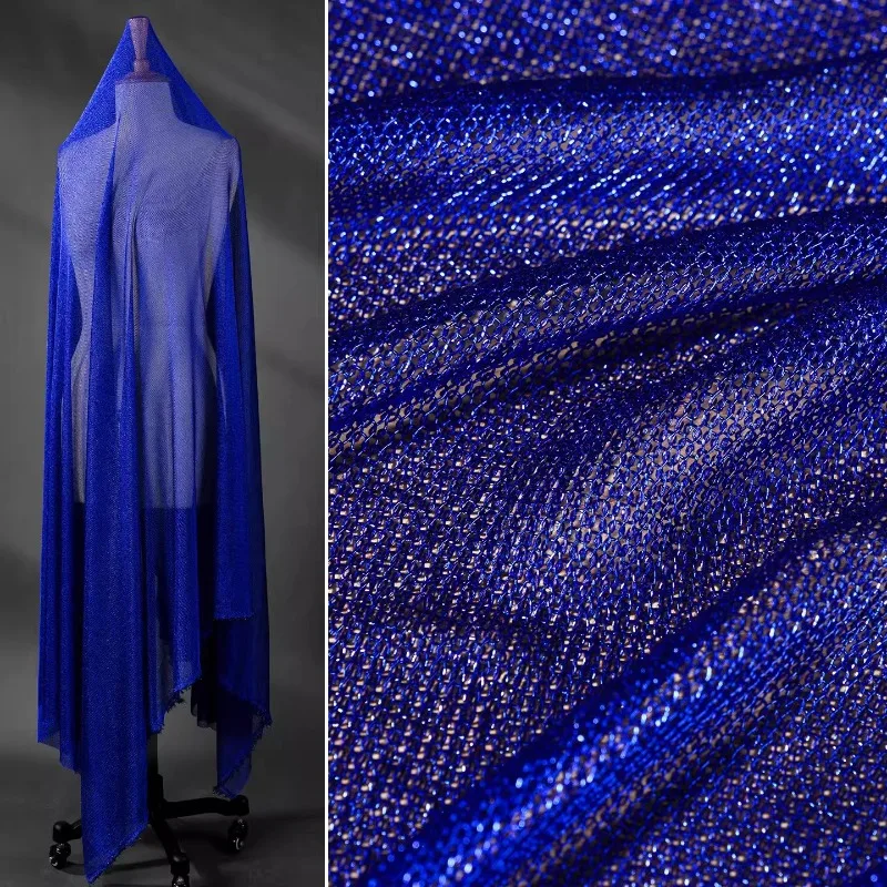 

Blue Metallic Designer Fabric Dance Wear Blouse Dress Stretch Breathable Latin Yoga Soft Handmade DIY Decoration Craft Material