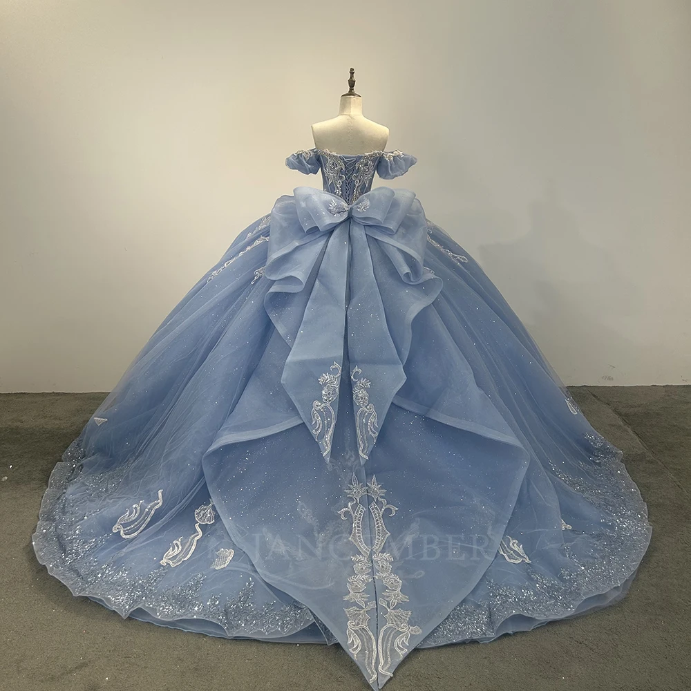 恋人カスタマイズされた光沢のあるブルーのキンセアニェーラドレスボールガウンスパンコールレースプリーツ半袖スイート16 Vestido De 15 Anos