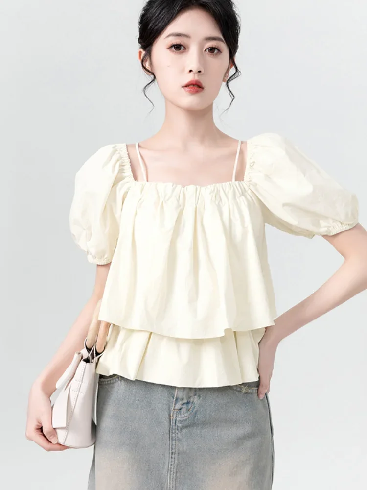 Blouses Women Puff Sleeve Summer New Sweet Girls Spaghetti Strap Temperament Loose Tops Elegant Korean Chic Design Prevalent