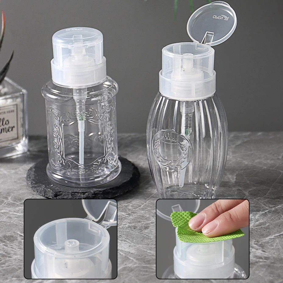 180ml/PCS Clear Pattern Nail Press Split Bottle Empty Travel Plastic Dispenser Reusable Polish Remover Pump Manicure Accessories