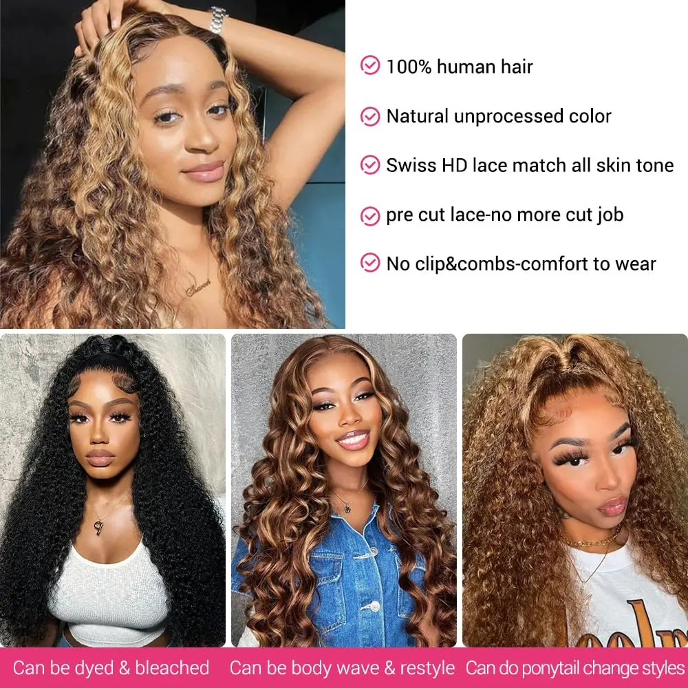 Podkreśl 5x5 HD pełne koronkowe peruki z przodu ludzkie włosy luźne fale 200% gęstość koronki blond 4/27 luźne Ombre peruka z mocnymi lokami
