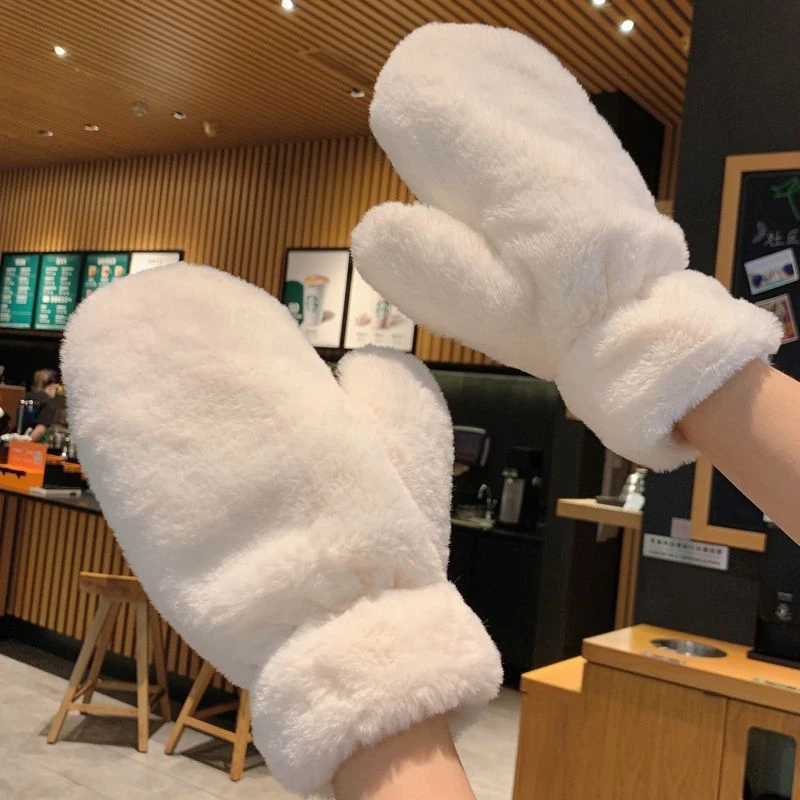 Solid Color Winter Warm Mittens Soft Plush Thickened Warm Windproof Riding Gloves 4 Colors