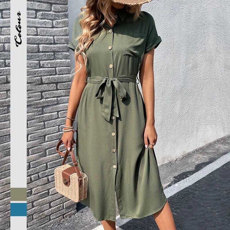 2025 Summer Shirt Skirt Lapel with Solid Commuter Style Dress