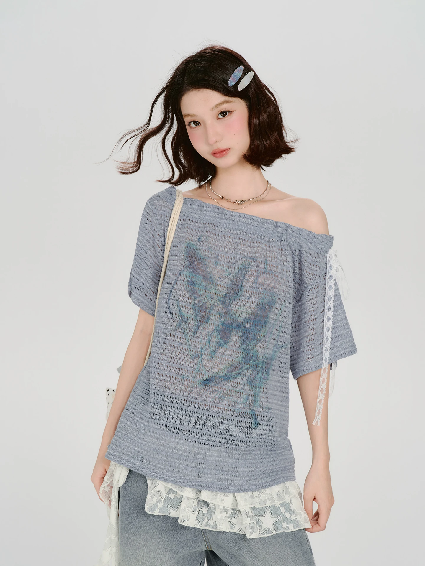 Girlyhalo American Retro Hollow Print Oblique Shoulder Short Sleeve T-Shirt Women Summer New Loose Knitted Top Casual Style