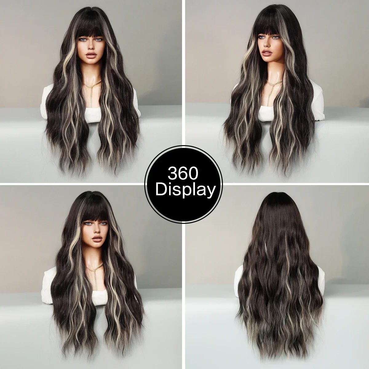 PARK YUN Long Black Wavy Highlight White Wig With Bangs For Women Daily Party High Density Hair Ombre Wigs Heat Resistant Fiber