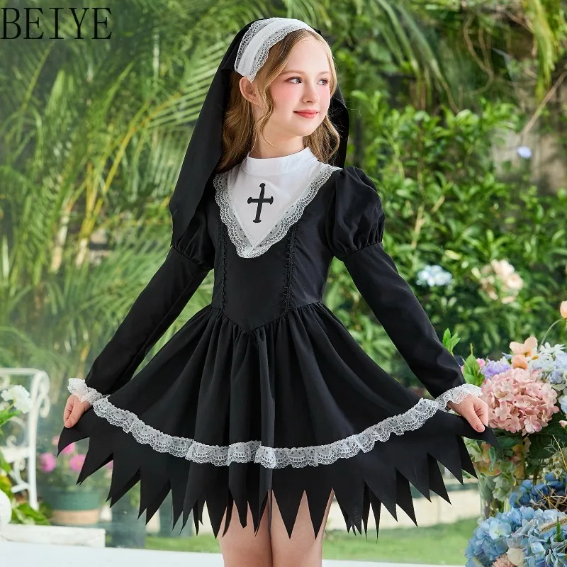Girls Nun Costume Long Puff Sleeve Lace Print Hem Dress Kids Halloween Religious Cosplay Fancy Dress Outfit with Nun Headpiece