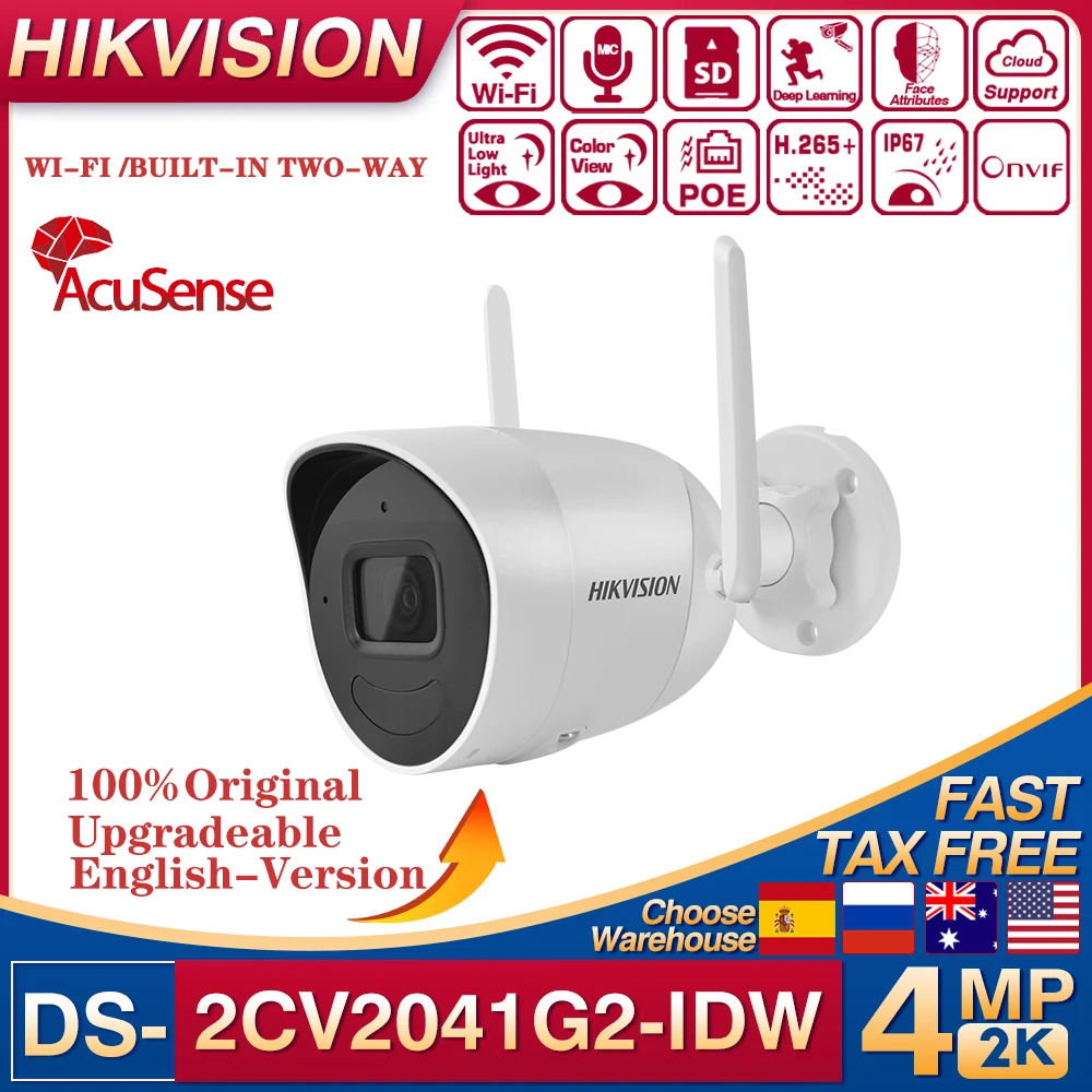 Hikvision 4MP Wifi Security Wireless Bullet IP Camera DS-2CV2041G2-IDW Built-in Mic IR SD Card Slot Speaker Fixed Network Camera