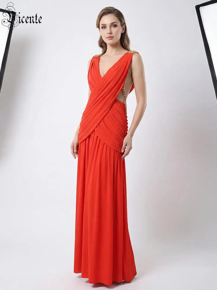 

VC Elegant Red V Neck Maxi Dress For Women Draped Pleated Slim Fit Evening Gown Sleeveless Sheer Party Formal Dress ropa mujer