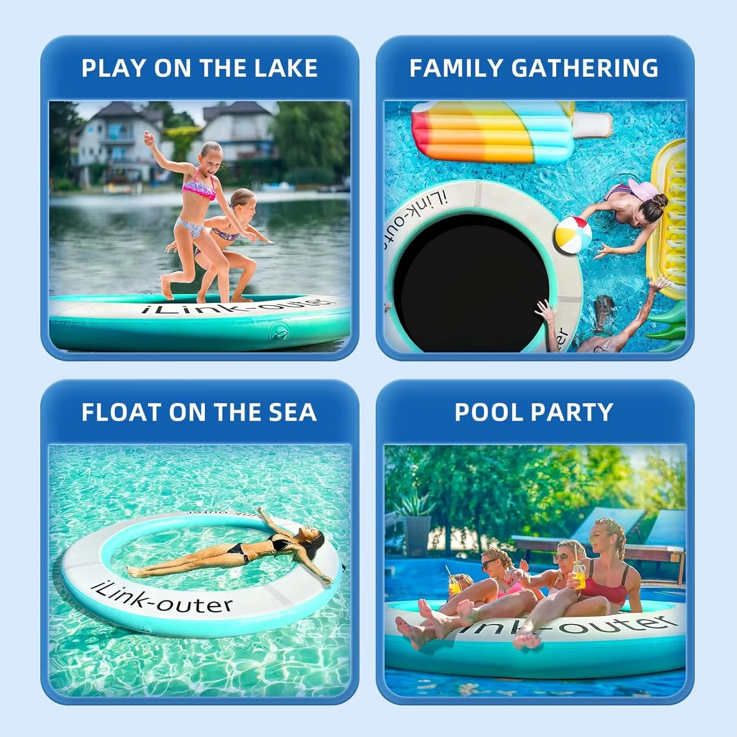 Rede inflável de água com anel flutuante redondo durável. Balsa de rio/lago resistente, espreguiçadeira de piscina para adultos, flutuador de bronzeamento para festa