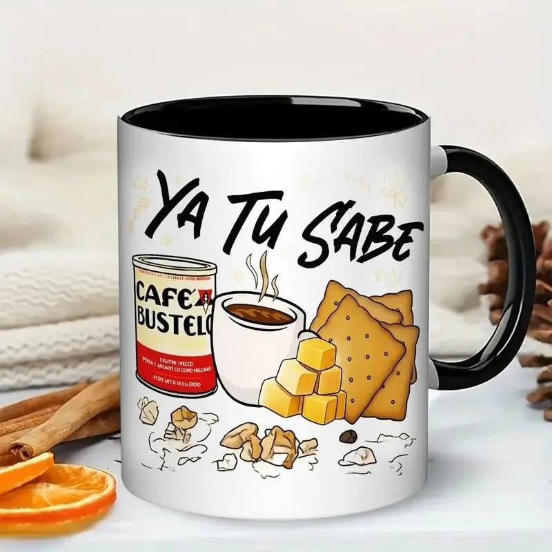 1 Piece 11 oz Colorful Ceramic Mug 11oz Ya Tu Sabe Coffee Mug - Cuban Culture Themed Ceramic Mug with Black Handle and Interior, Designed by Cafe Bustelo, Featuring Coffee Beans, Cookies, and Cheese - a Novelty Choice for Coffee Lovers, Housewarming Gift - Clean Coffee