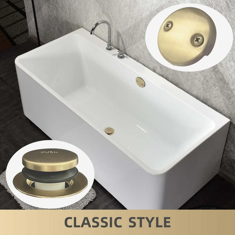 Tub Drain Kit With Two-Hole Overflow Faceplate, Bathtub Drain Trim Set Assembly Bronze Gold