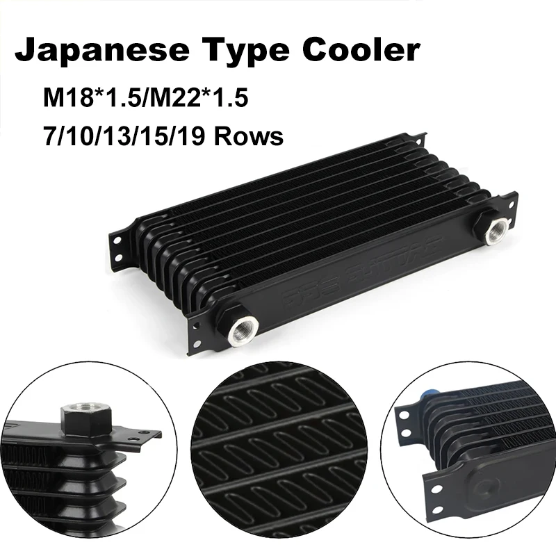 M18*1.5/M22*1.5 Aluminum Radiator 7/10/13/15/19 Rows Japanese Type Car Engine Oil Cooler Cooling Radiator Replacement Universal