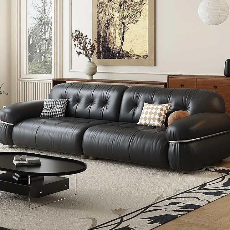 Retro steel ring sofa leather straight row pure black style customization