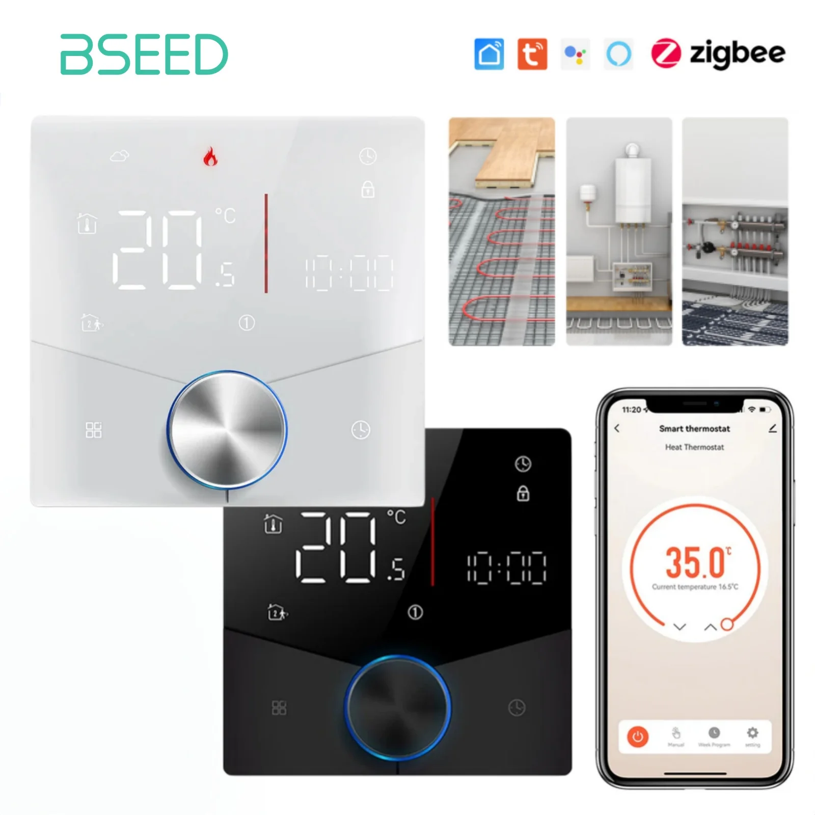 BSEED ZigBee Dotykowy Termostat Pokojowy z Ekranem i Pokrętłem do Ogrzewania Podłogowego, Sterowanie Aplikacją Tuya Alexa Google