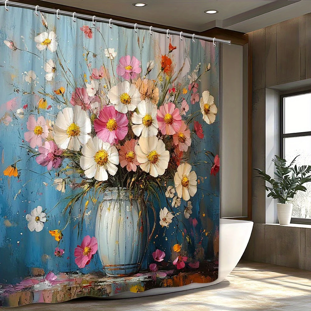 

Realistic Cosmos Flowers Oil Painting Shower Curtain, Pink-Orange Bouquet, Textured Blue Background, 12 Hooks,Washable