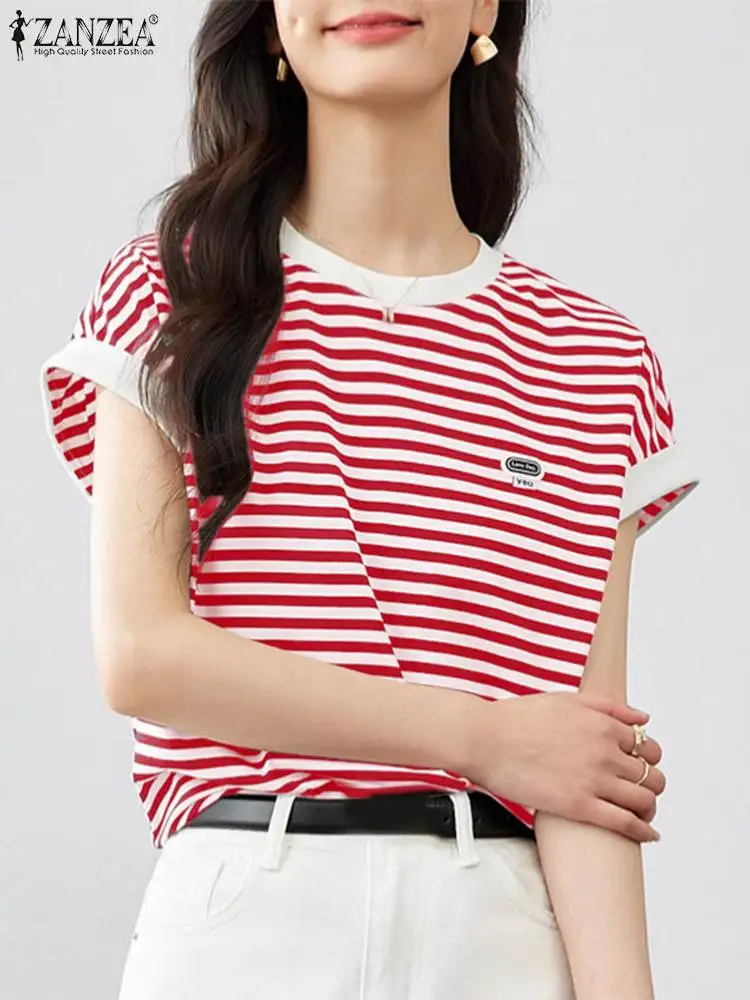 

Женская летняя офисная рубашка, Элегантная блузка с круглым вырезом и коротким рукавом 2024 ZANZEA, женские стильные топы в полоску, повседневные объемные женские блузки