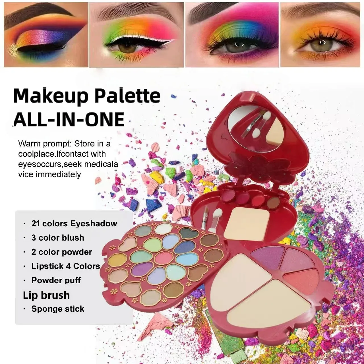 30-Color Strawberry Makeup Palette Set, 21 Eyeshadows + 4 Lip Glosses + 3 Blushes + 2 Powder Compacts (Including Brushes + Sponges), Easy to Apply and Not Easy to Smudge, All in One Palette