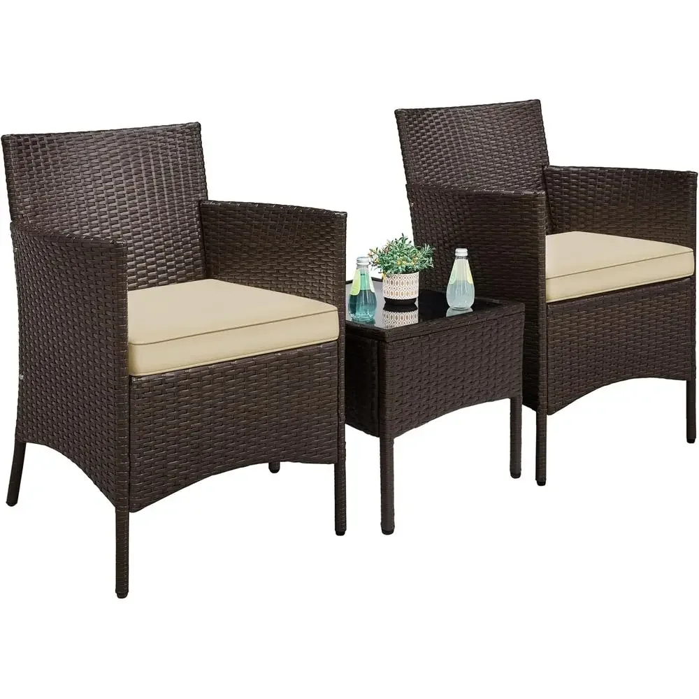 3-Piece Outdoor Wicker Patio Furniture Set with Cushions, Glass Table, 2 Chairs for Garden, Deck, Courtyard, Poolside - Brown/Kh