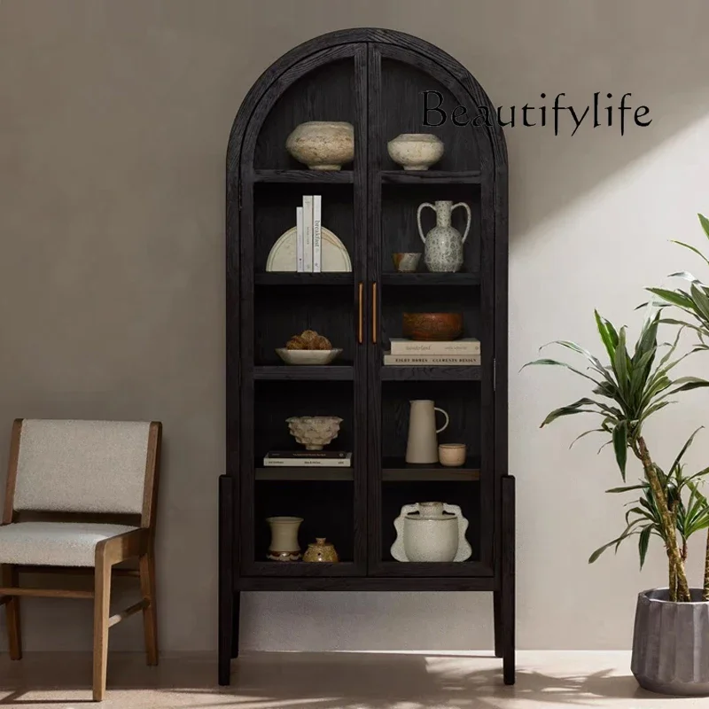 

BK American Light Luxury Solid Wood Bookcase, Living Room Floor Bookcase, Black Glass Door, Retro Arched Decorative Cabinet
