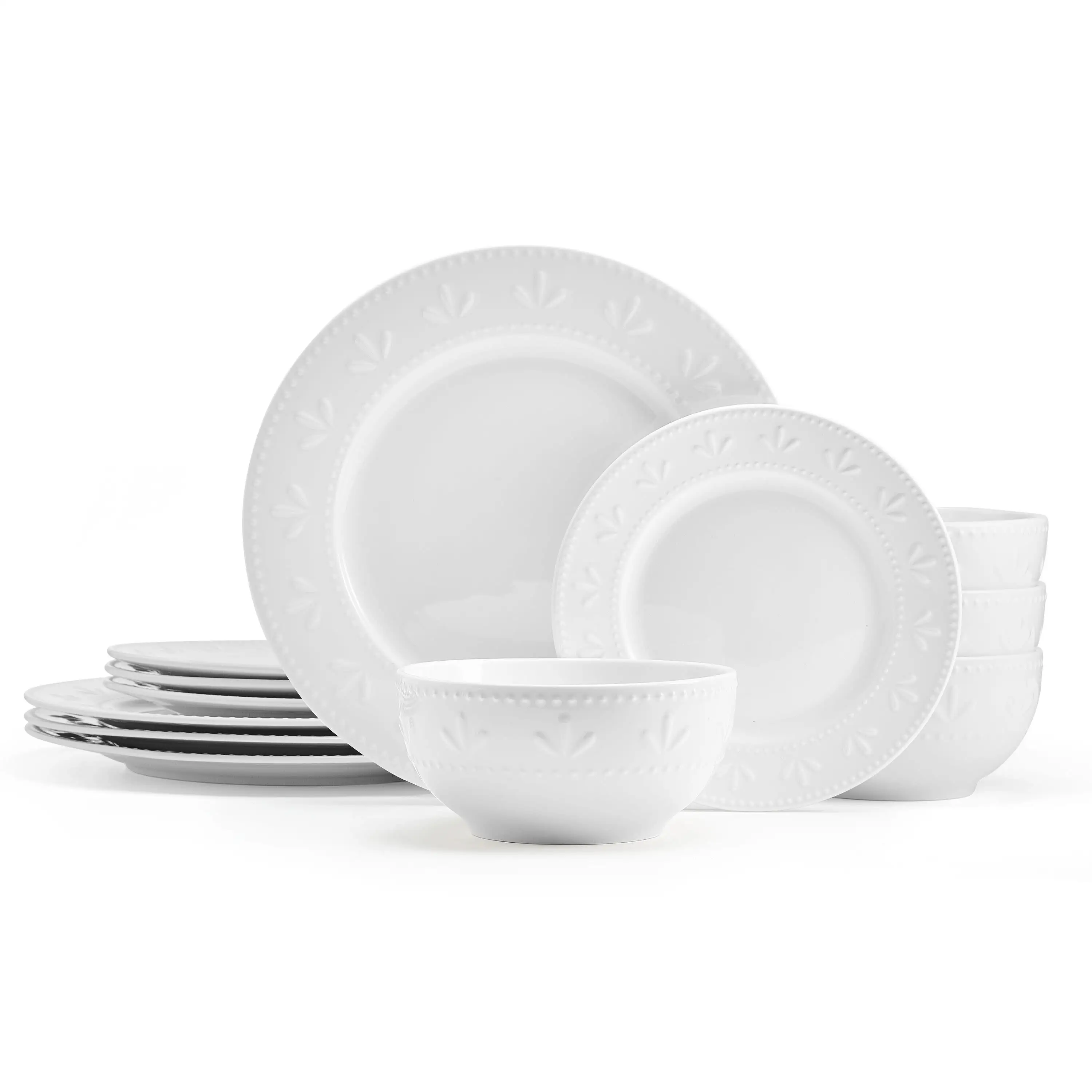 

12-Piece White Porcelain Dinnerware Set with Embossed Design