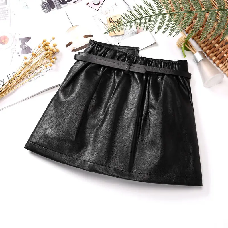 2024 New Spring Autumn Girls Kids faux Leather PU Belt skirts skirts Fashion Casual Comfortable Cute Baby Children Clothing