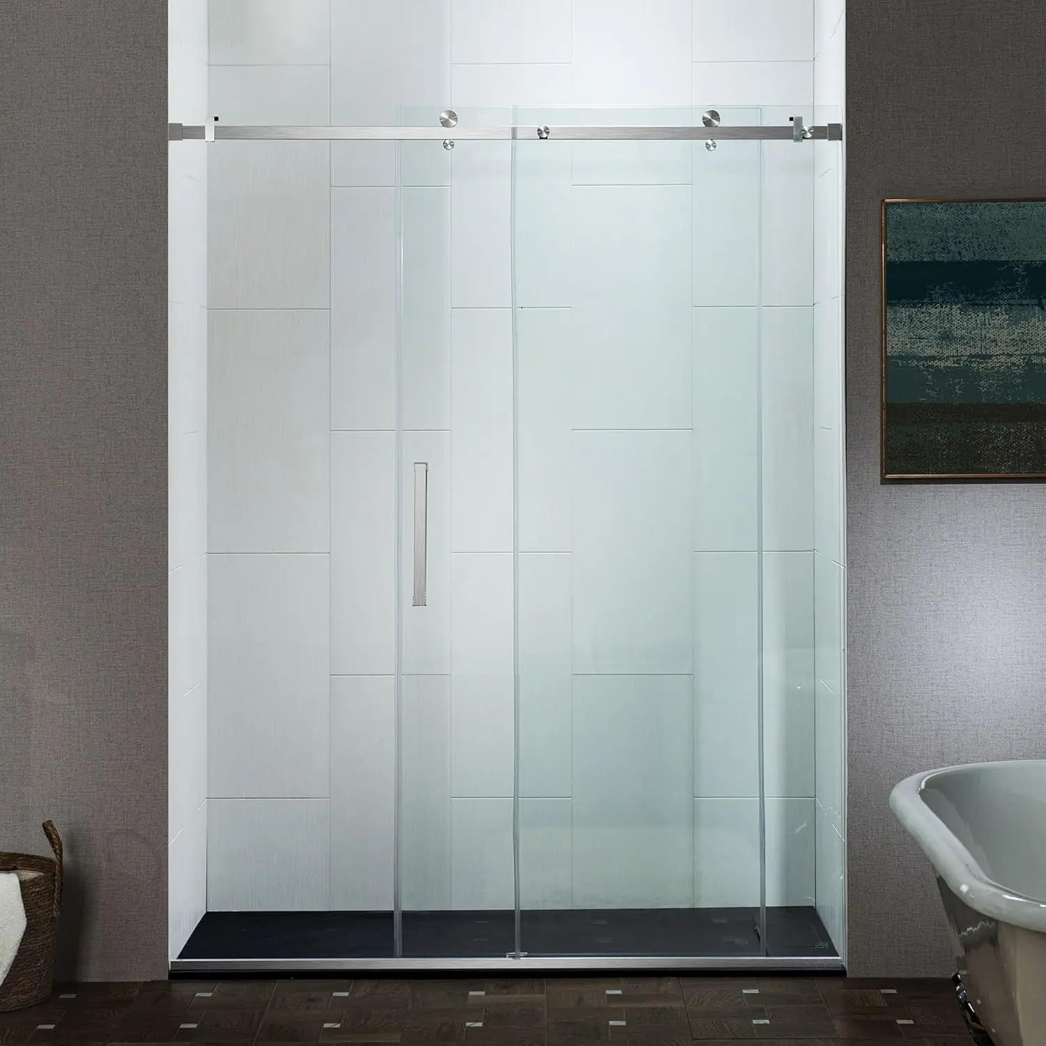 Woodbridge Frameless Single Sliding Shower Doors In Brushed Nickel Finish, 56-60