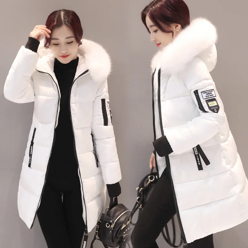 Parkas de plumón para mujer, chaqueta larga con cuello de piel grande, abrigo Delgado grueso, ropa de abrigo de algodón con capucha, moda de