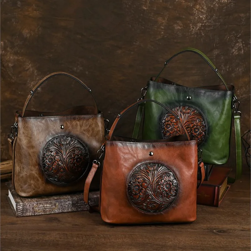 

Johnature Vintage Handbag 2025 New Hand Embossed Women's Bucket Bag Large Capacity Versatile Shoulder Crossbody Bags
