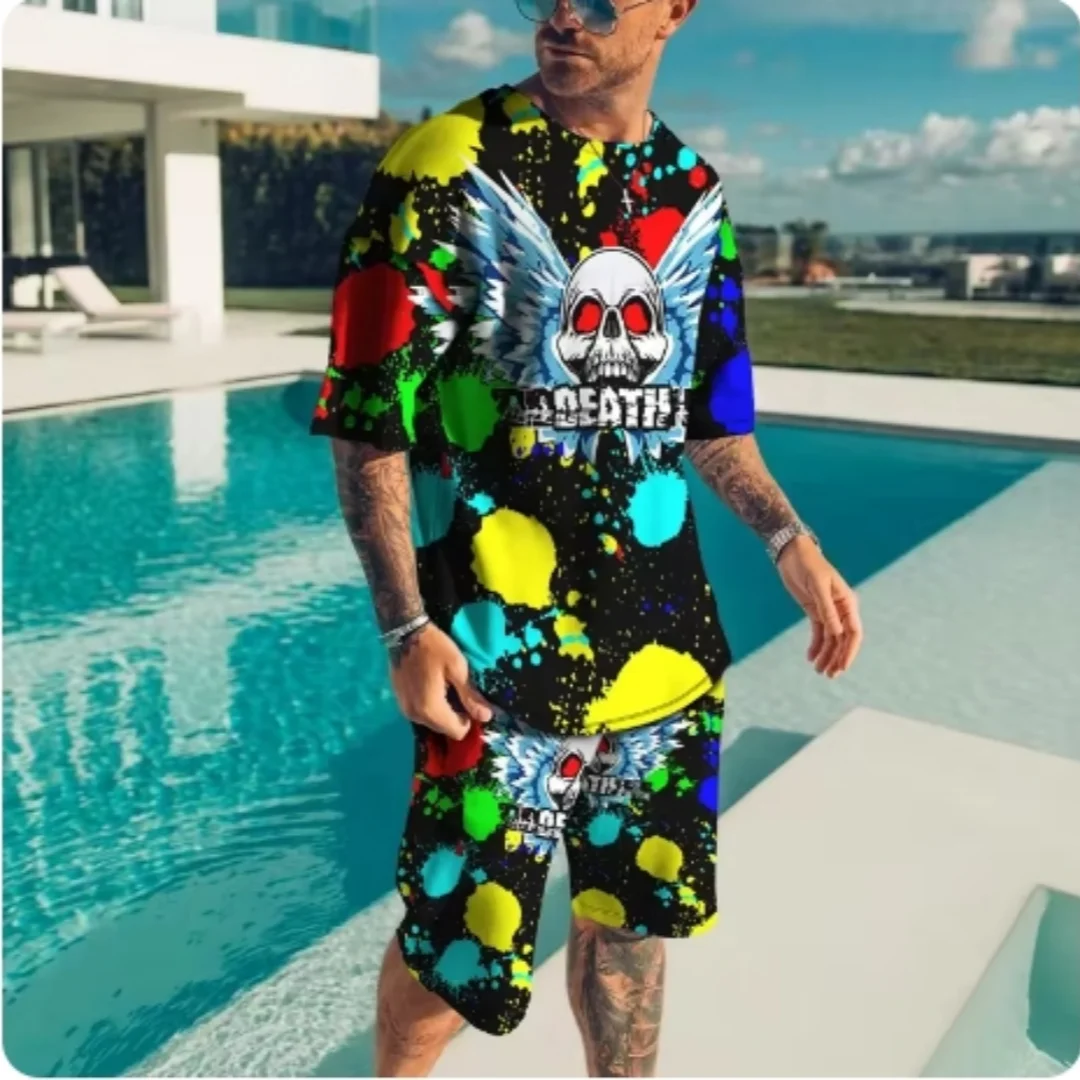 

2025 Summer Men's Color 3D Printed Shorts Fashion Men's Sports Set Sports Short Sleeve Hip Hop Casual Two Piece T-shirt Set