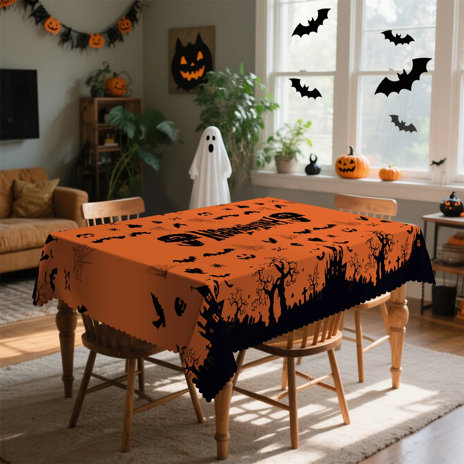 Castle Bat Cave Fallen Tree Grave Halloween Tablecloth - 1 pack suitable for kitchen table, outdoor party decorationzyc