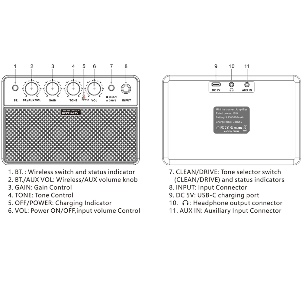 EROK Guitar Portable Amp Bluetooth Electric Guitar Bass Mini Amplifier With Clean/drive Effects Small Speaker Practice Accessory