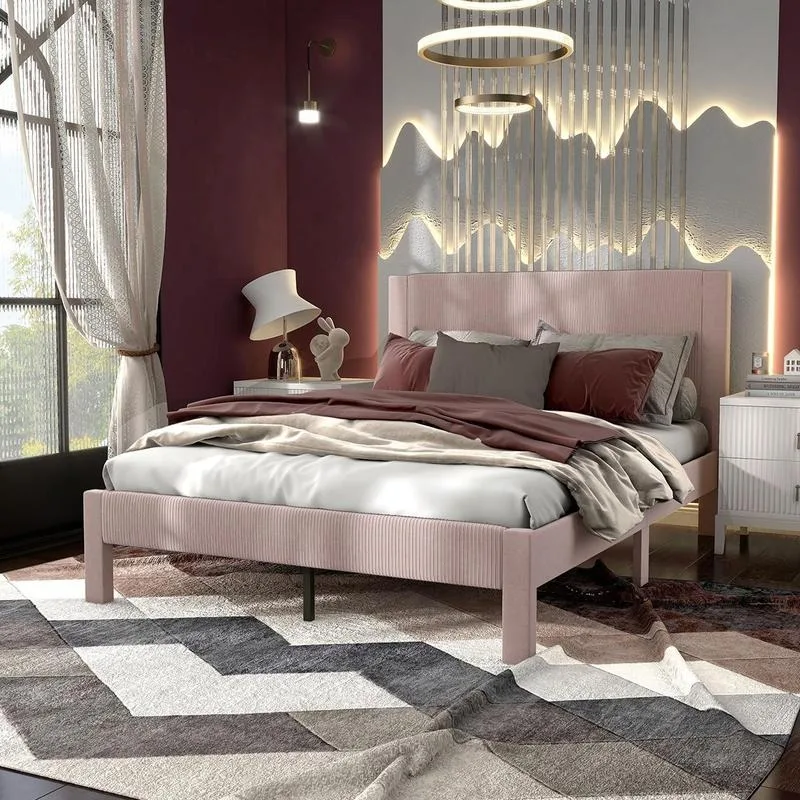 At Home Alyssa Modern Pink Velvet Upholstered Platform Bed with Channel Headboard for Bedroom, Guest Room Bed